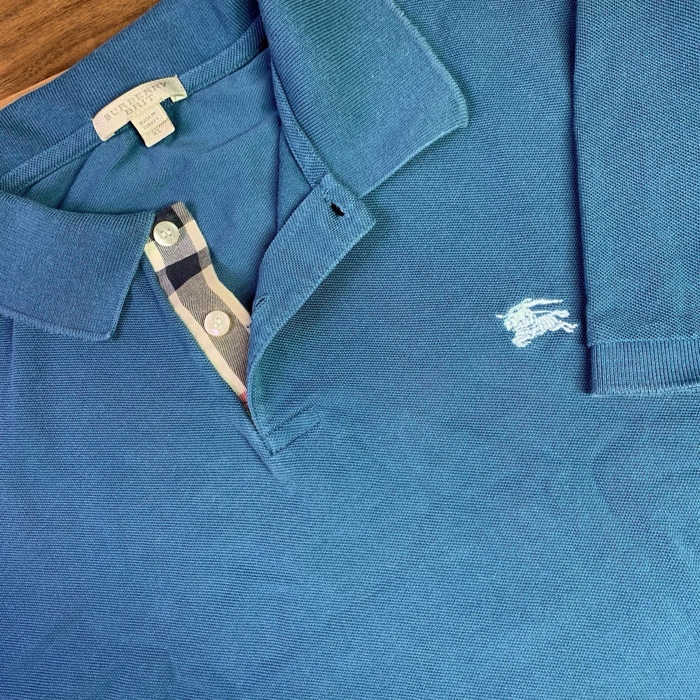 Burberry Brit Polo Shirt Men XL Blue Solid Cotton Knight Logo Classic Casual